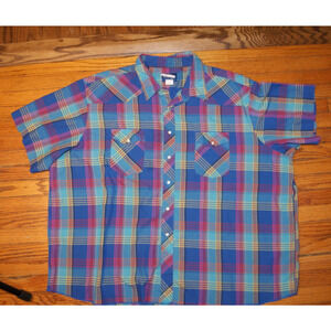 Wrangler Shirt Men 4X Big Blue Pearl Snap Western Short Sleeve Rodeo Plaid 90s